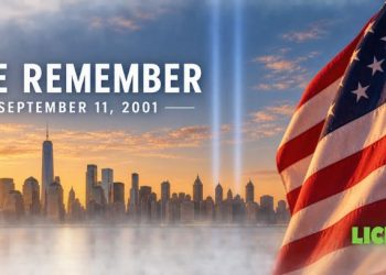 September 11 memorial featuring the New York City skyline, American flag, Tribute in Light, and LicensesETC logo