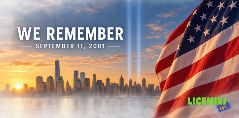 September 11 memorial featuring the New York City skyline, American flag, Tribute in Light, and LicensesETC logo