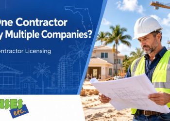 Contractor reviewing construction plans beside the headline “Can One Contractor Qualify Multiple Companies?” and LicensesETC logo.