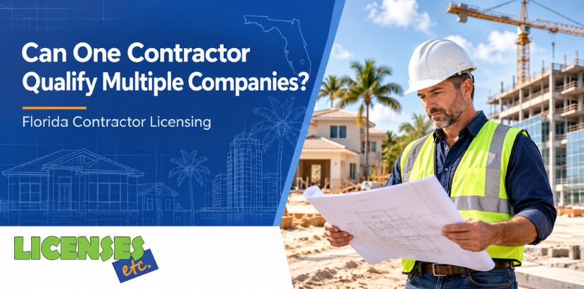 Contractor reviewing construction plans beside the headline “Can One Contractor Qualify Multiple Companies?” and LicensesETC logo.