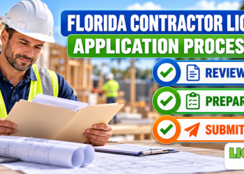 Florida contractor reviewing application documents as the license processing steps are reviewed, prepared, and submitted