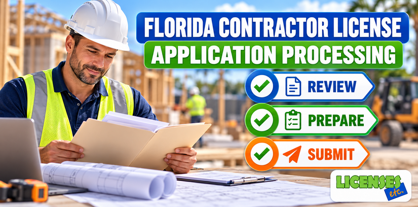 Florida contractor reviewing application documents as the license processing steps are reviewed, prepared, and submitted